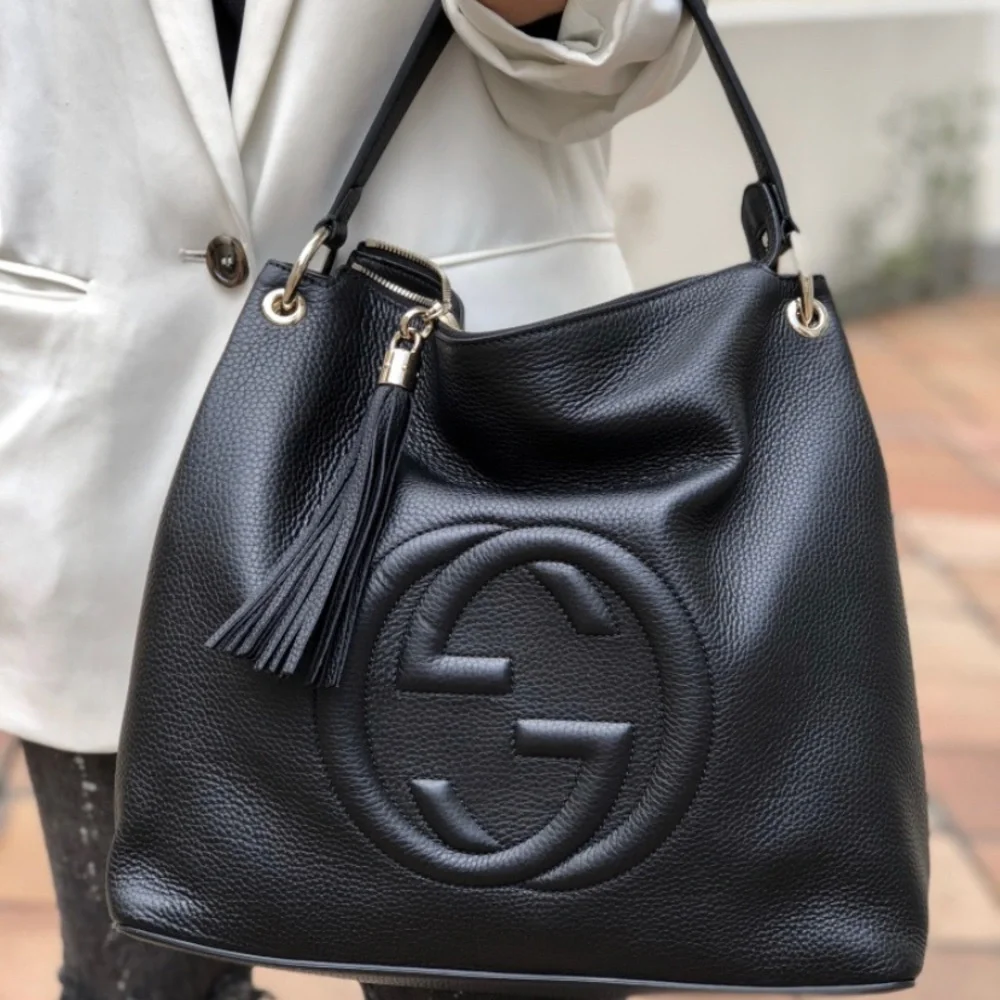 Gucci Soho Black Pebbled Leather Hobo Shoulder Bag Crossbody Tassel
